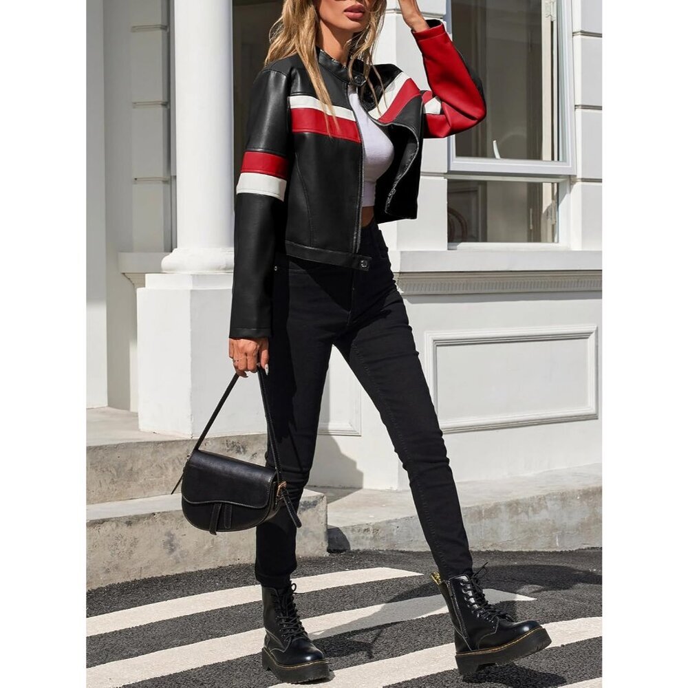 Women's Cropped Moto Biker Jackets Faux Leather Bomber Jacket Racing Black - Picture 2 of 5